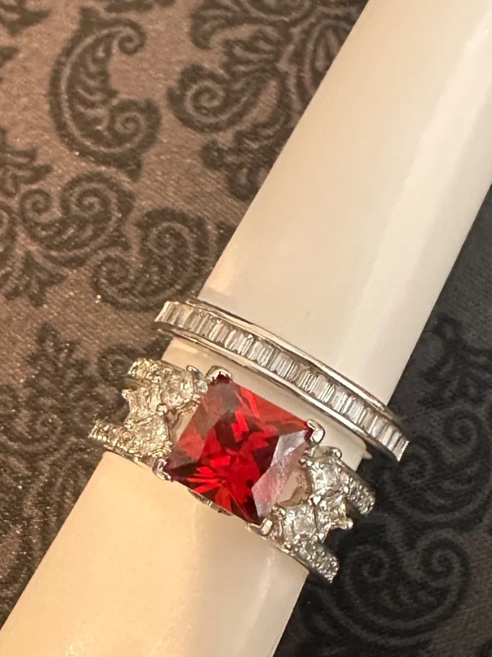 Red Princess Cut Three Piece Statement Ring Set
